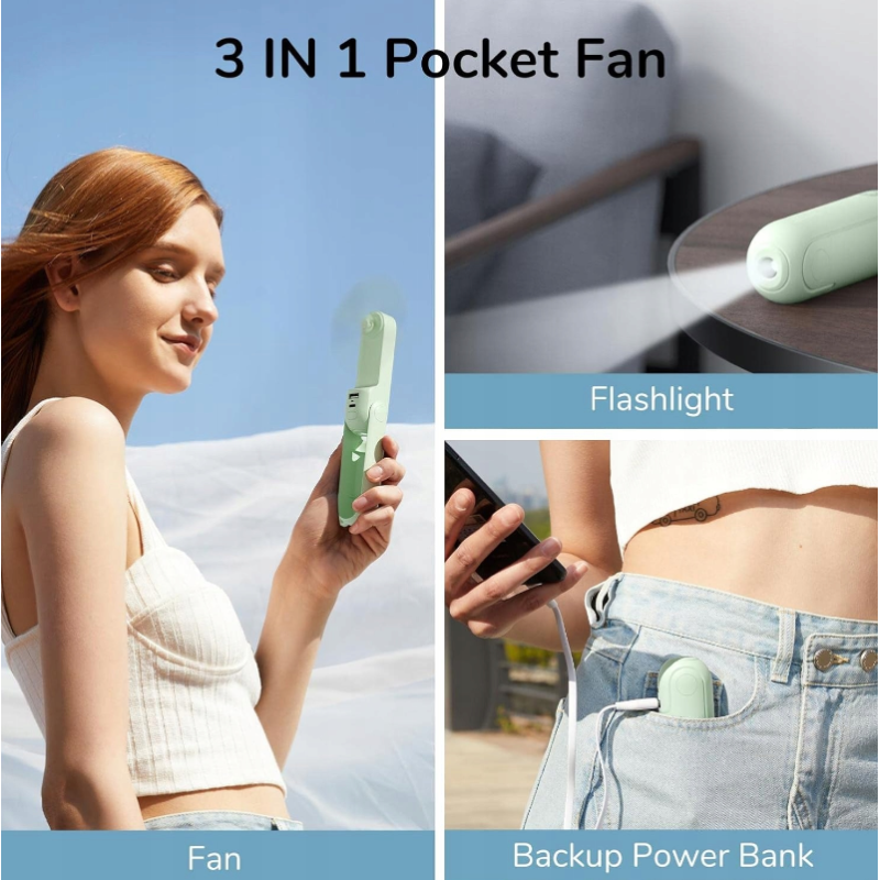 Ручний міні-вентилятор JISULIFE USB 3в1 з ліхтариком і функцією Power Bank, м'ятний