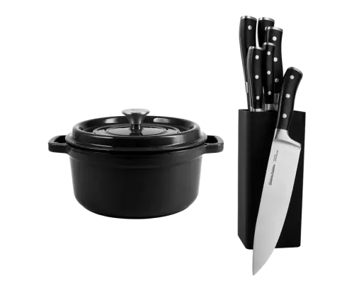 Набір шеф-кухаря: набір з 7 кухонних ножів з підставкою та чавунна каструля з кришкою 4,3 л Vintage Cuisine Колір: чорний