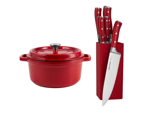 Набір шеф-кухаря: набір з 7 кухонних ножів з підставкою та чавунна каструля з кришкою 4,3 л Vintage Cuisine Колір: червоний